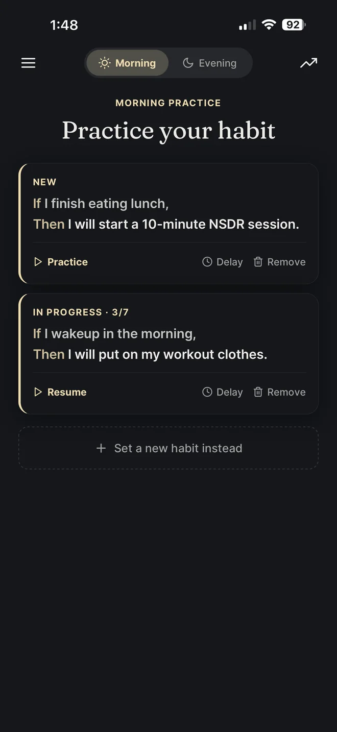 If/Then Habits morning practice list showing a new habit and one in progress