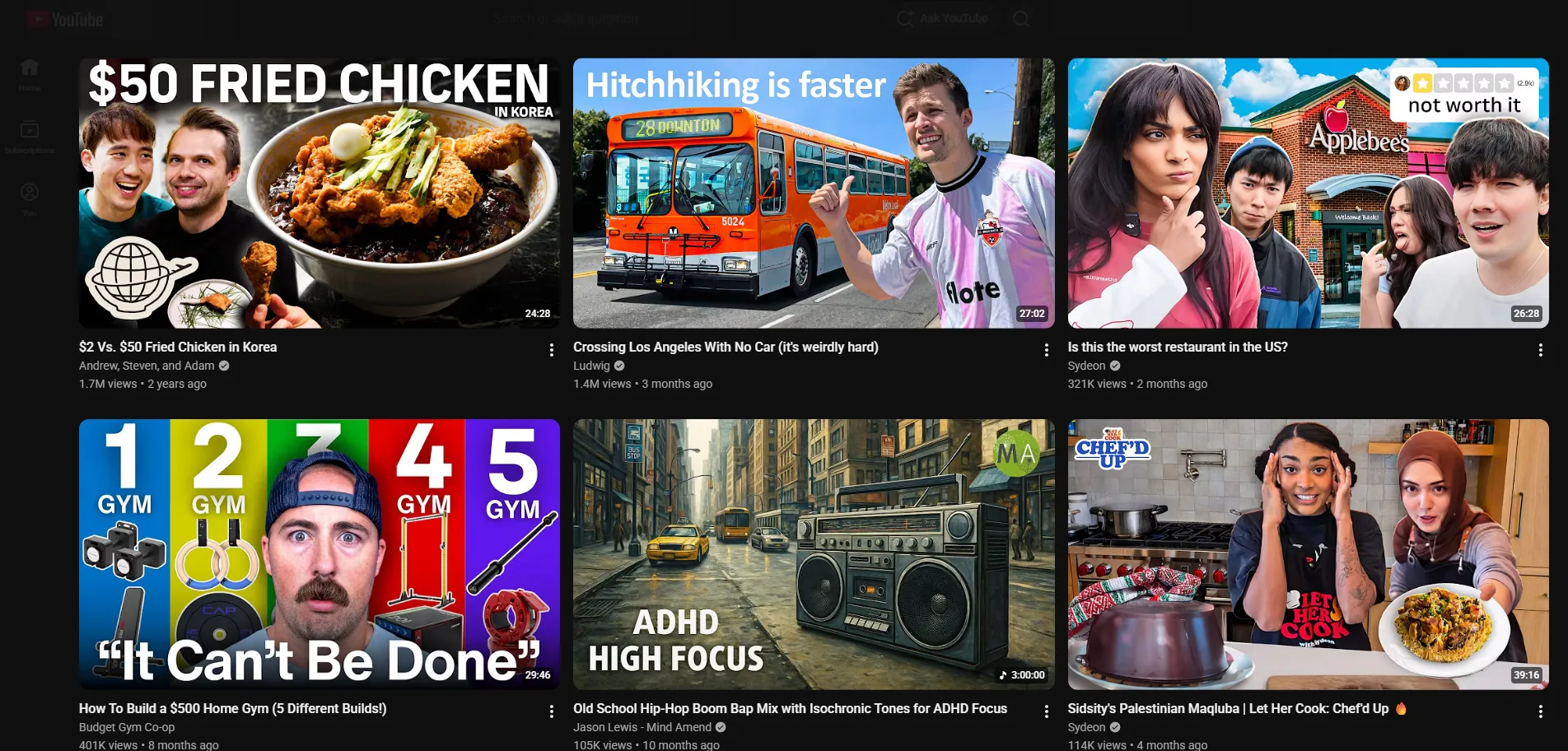 YouTube home feed with Essentialist applied: Shorts shelf and clutter removed