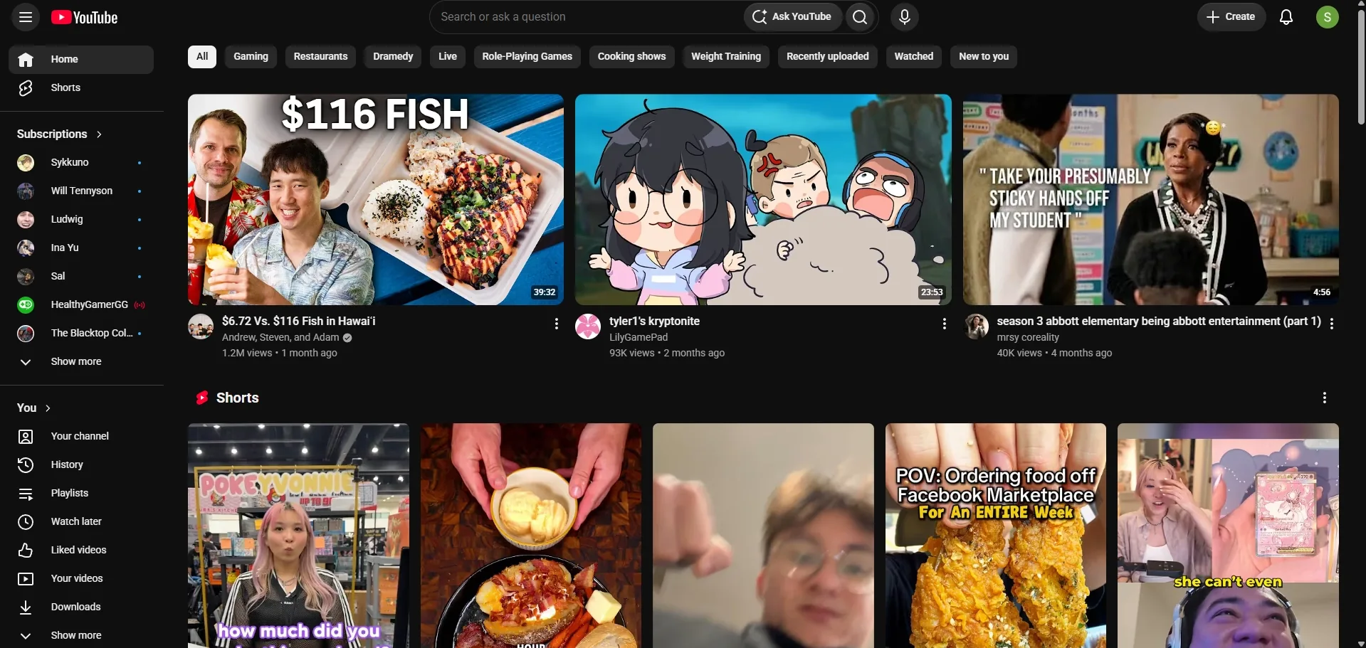 Default YouTube home feed with Shorts shelf, autoplay previews, and full sidebar